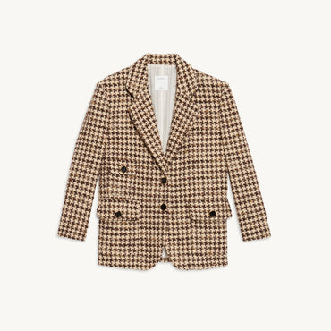 Women Houndstooth Suit Jacket - Brown - Beige