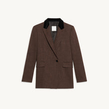 Women Tailored Jacket With Dual-Fabric Collar - Brown