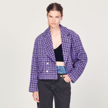 Women Cropped Tweed Jacket - Purple / Black