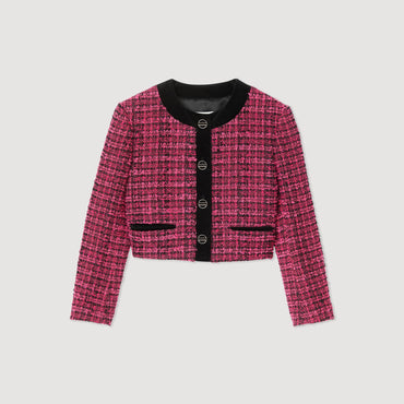 Women Cropped Tweed Jacket - Pink / Black