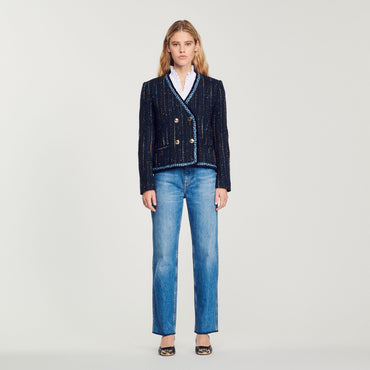 Women Tweed Double-Breasted Jacket - Deep Blu