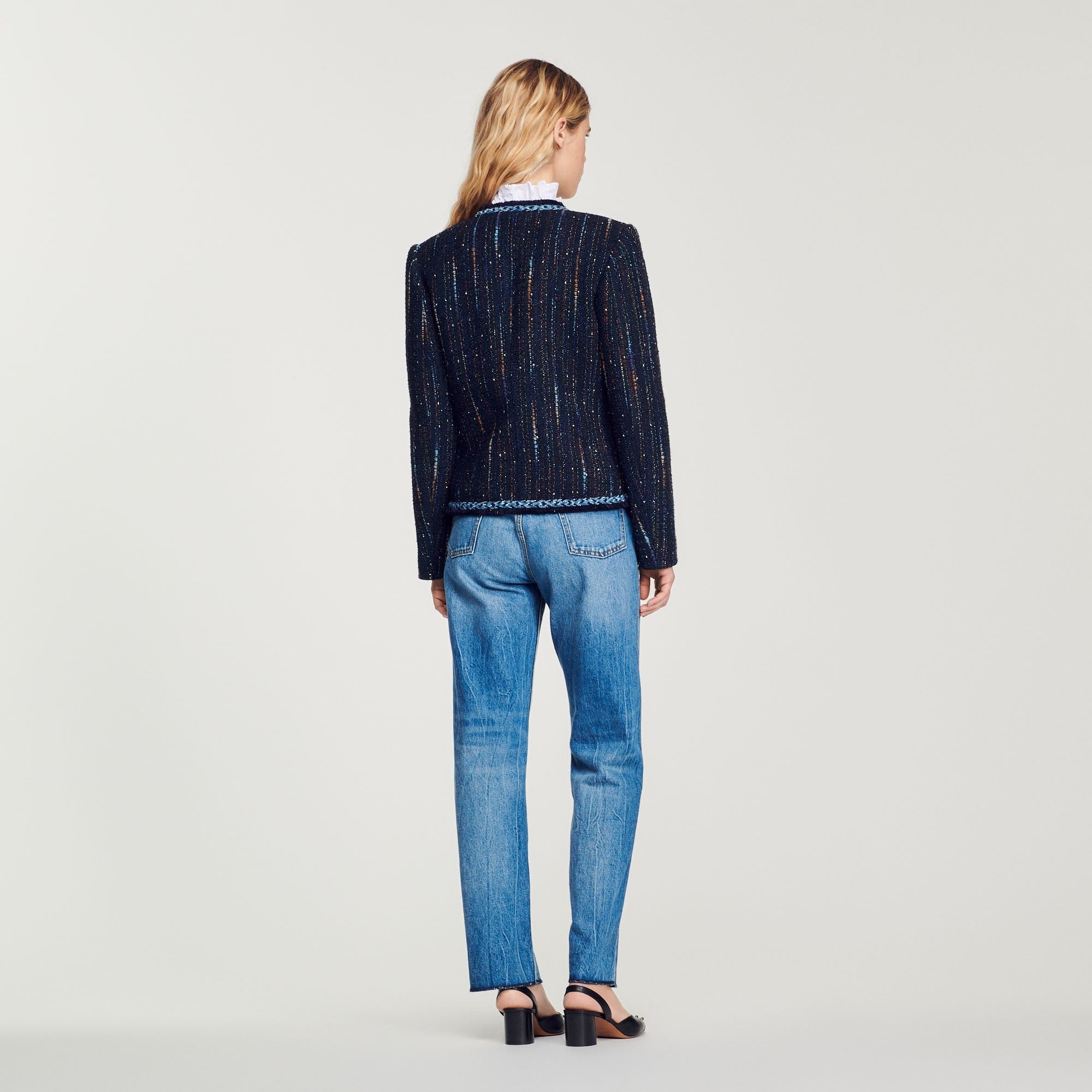 Women Tweed Double-Breasted Jacket - Deep Blu