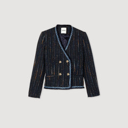 Women Tweed Double-Breasted Jacket - Deep Blu