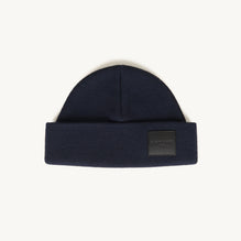 Men Woollen Beanie With Leather Jacron Label - Navy Blue