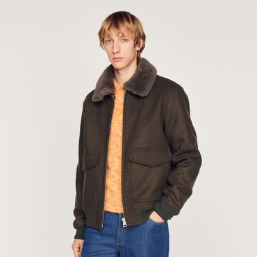 Men Aviator Jacket With Sheepskin Collar - Olive Green