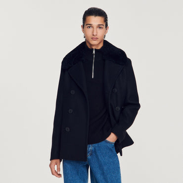 Men Pea Coat With Sheepskin Collar - Carbon Black