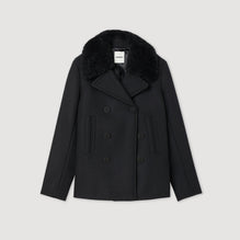 Men Pea Coat With Sheepskin Collar - Carbon Black