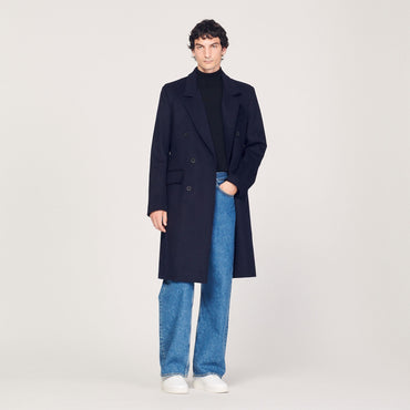 Men Double-Breasted Wool Cloth Coat - Navy Blue