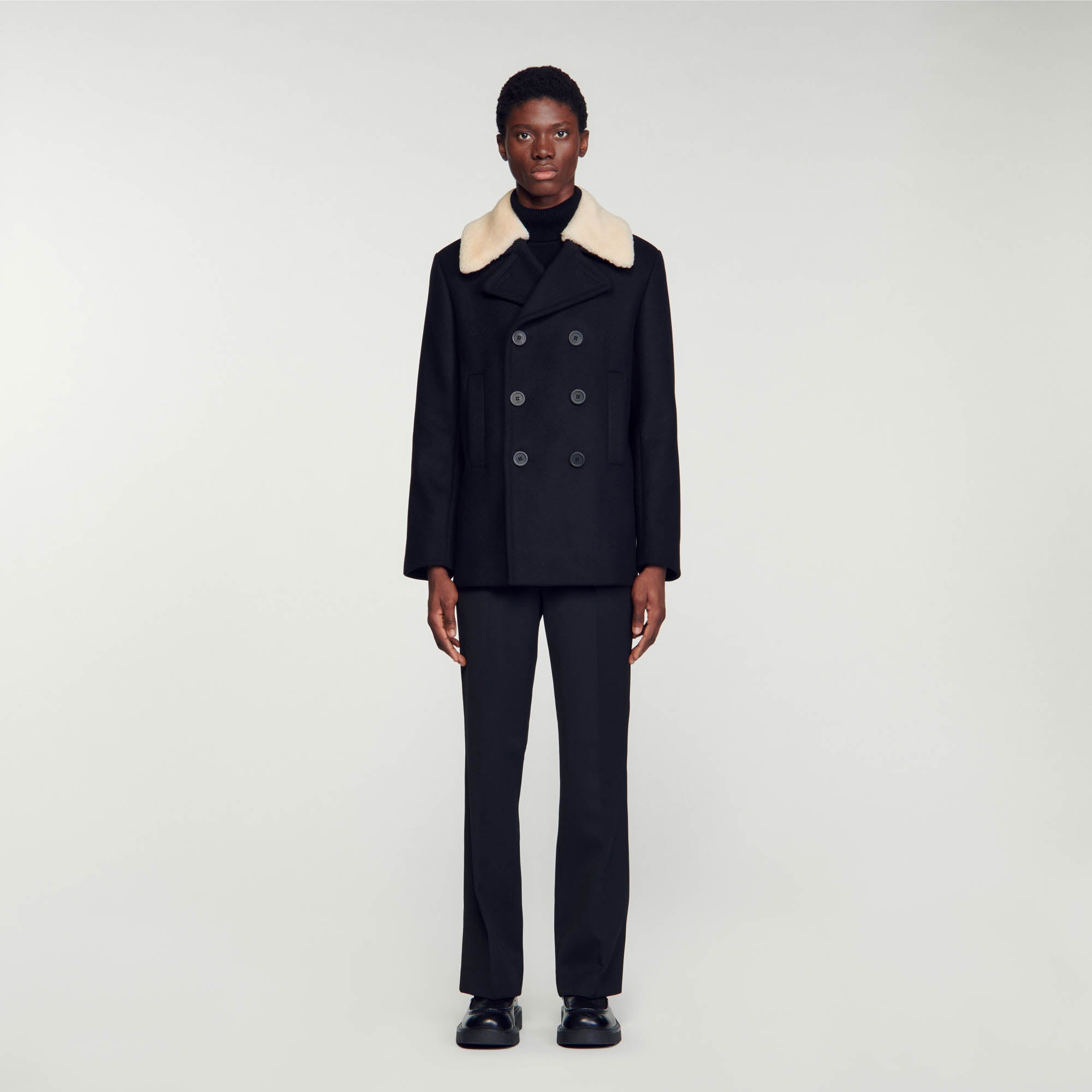 Men Wool Pea Coat - Black