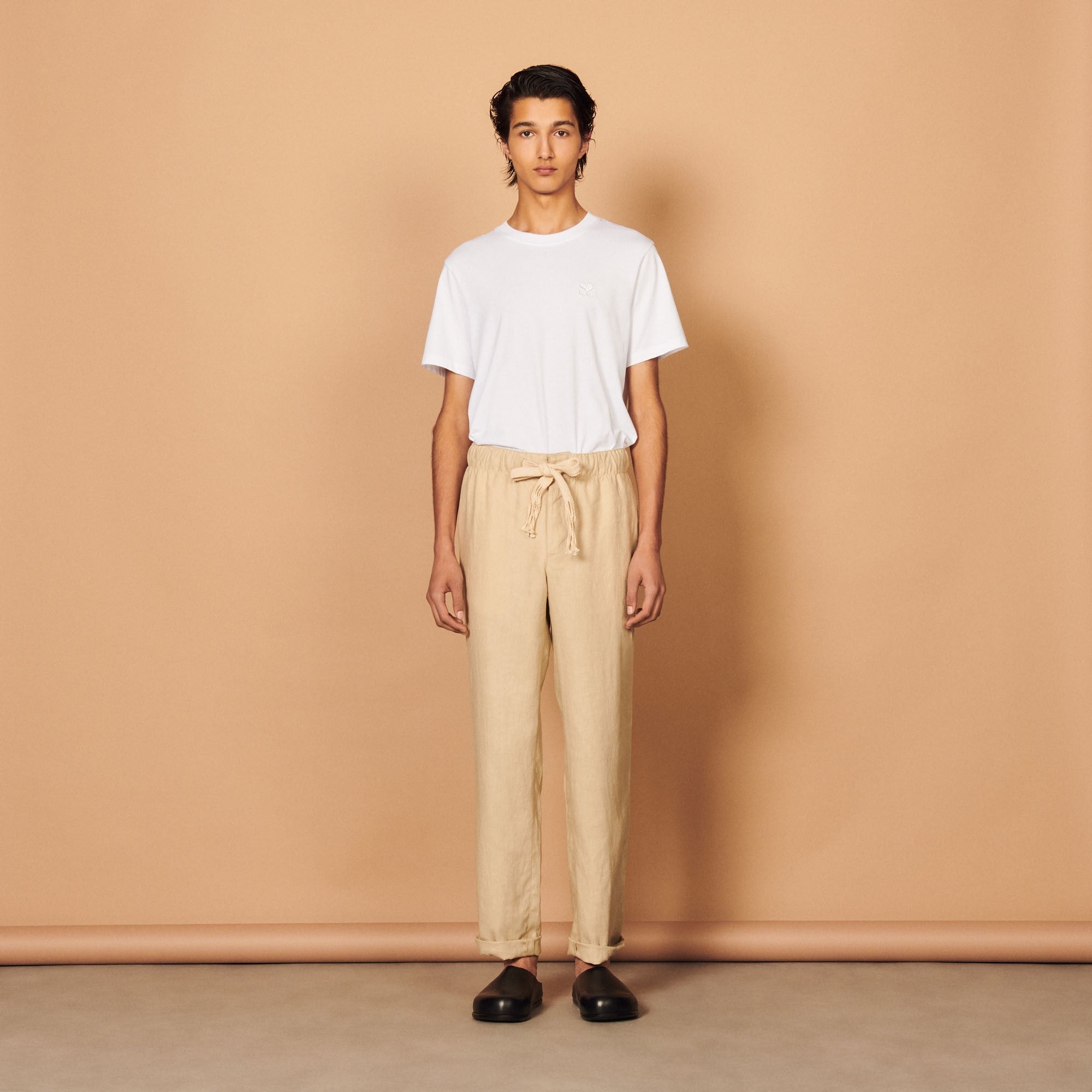 Men Wide-Leg Linen Trousers - Beige