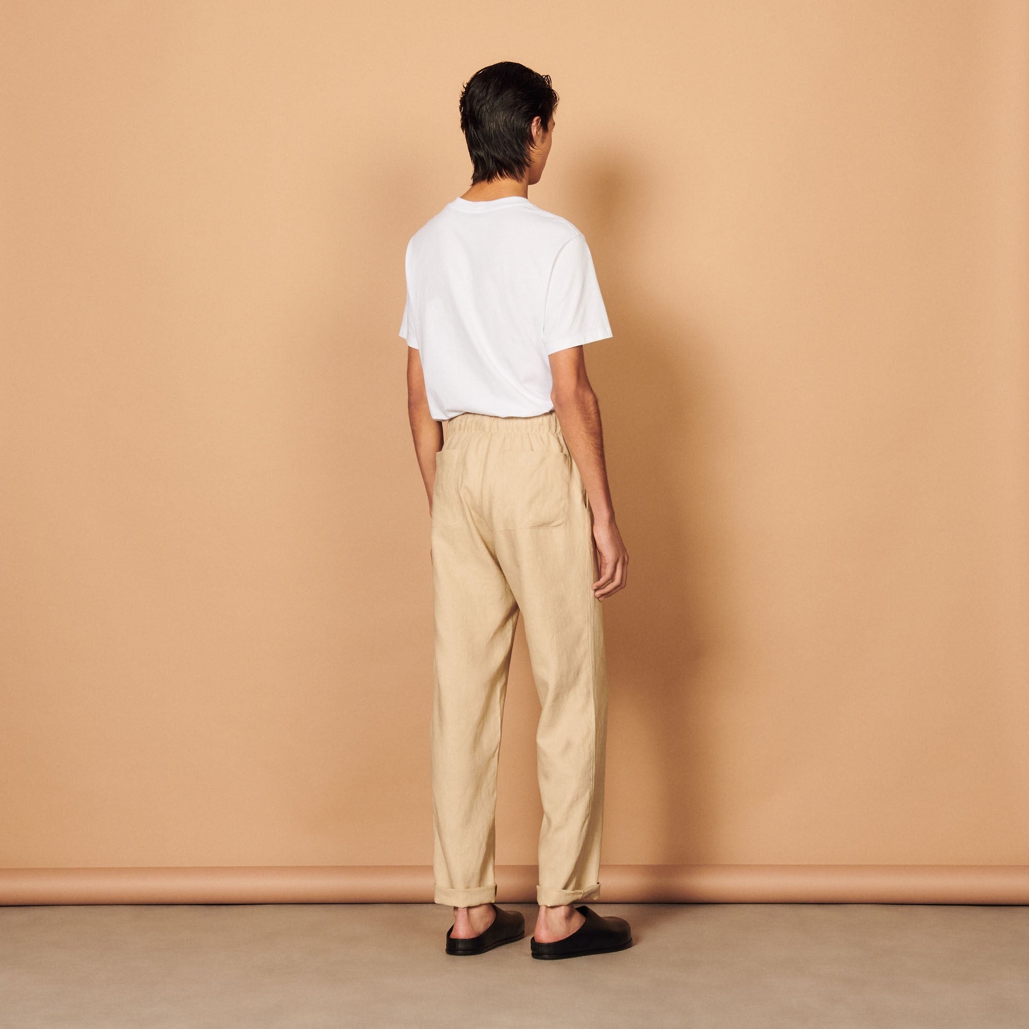 Men Wide-Leg Linen Trousers - Beige