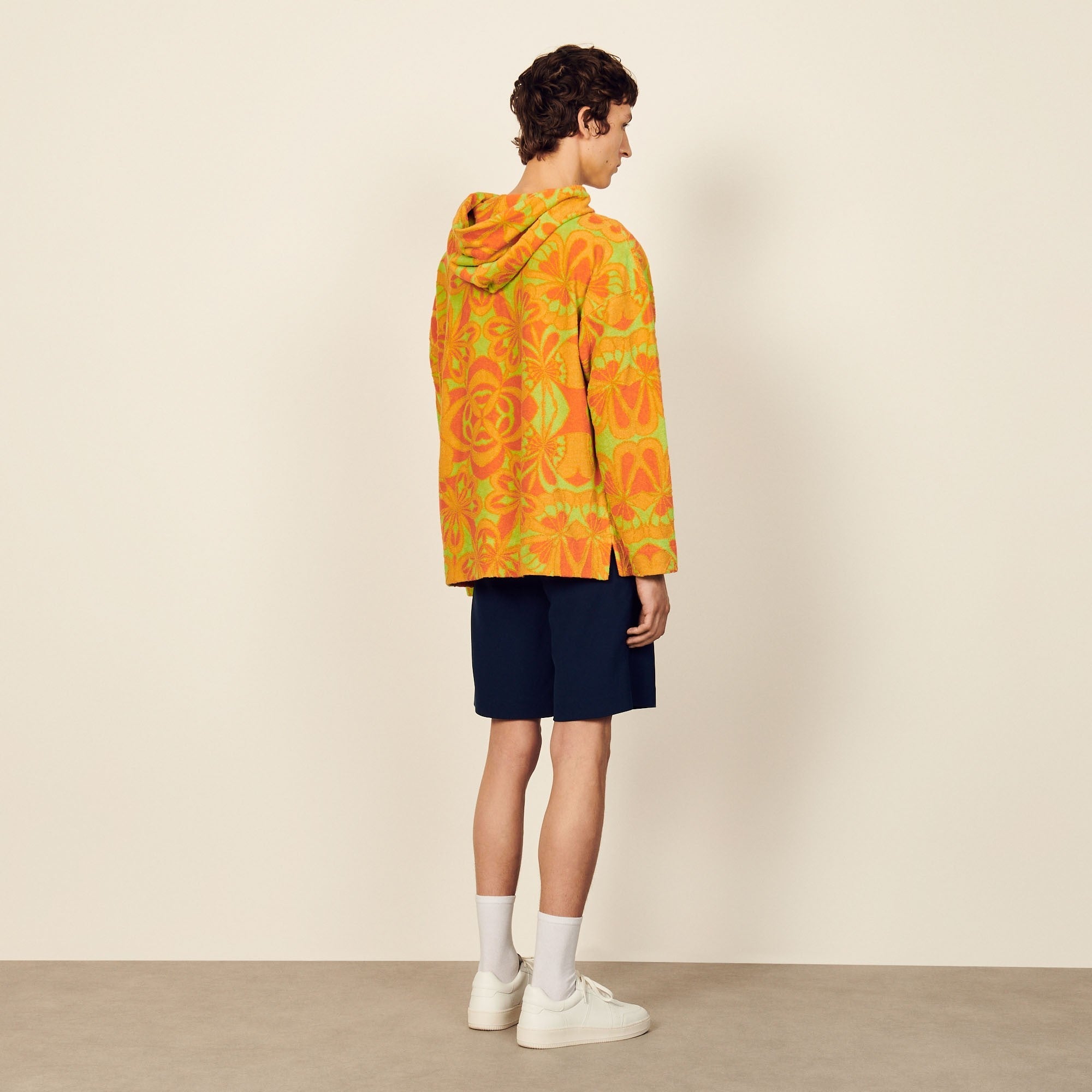 Men Oversized Terrycloth Hoodie - Flowers Green And Orange