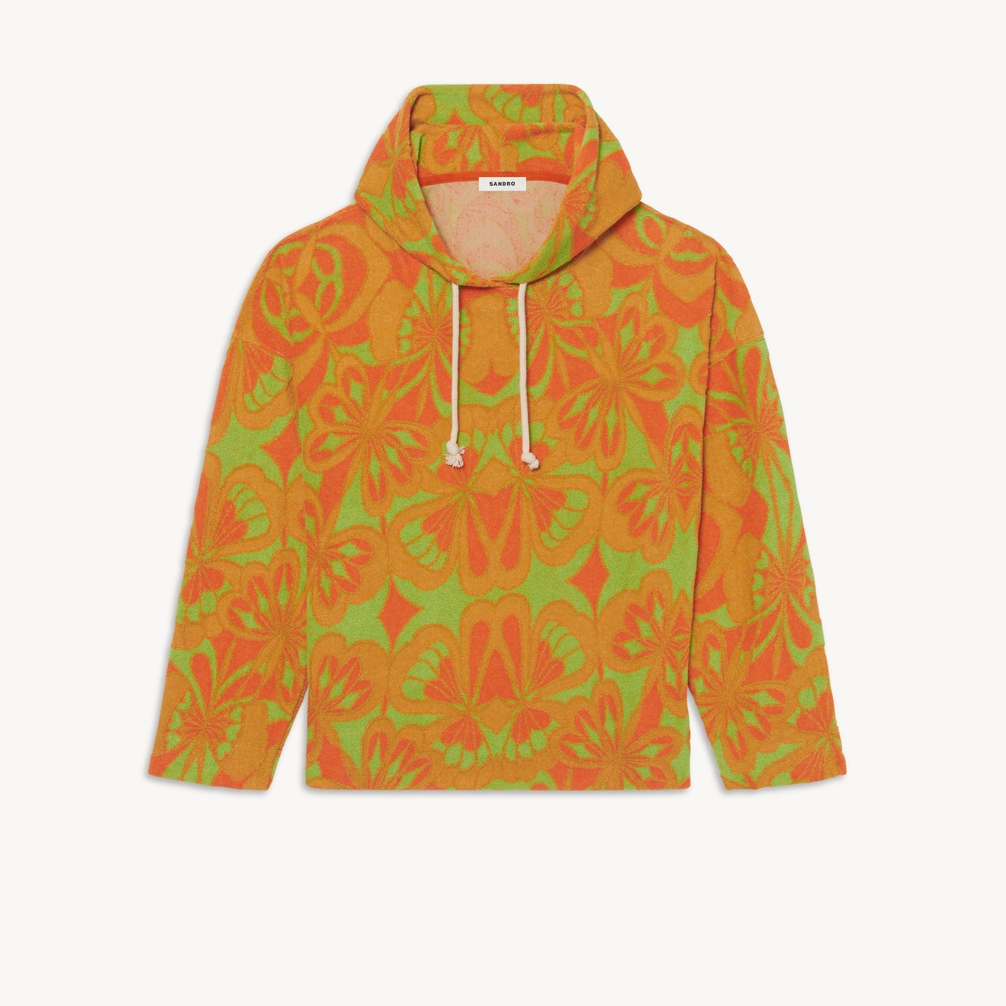 Men Oversized Terrycloth Hoodie - Flowers Green And Orange