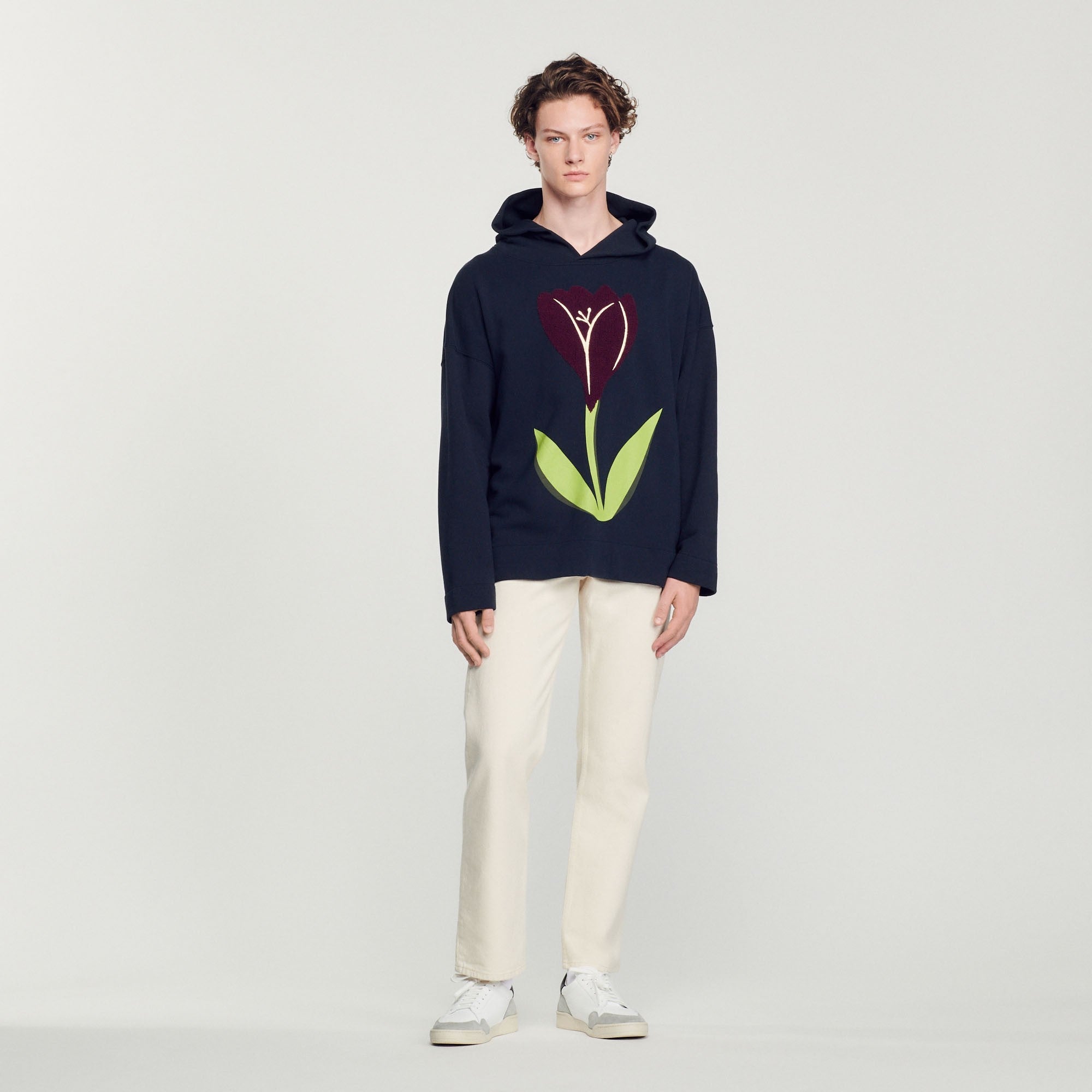 Men Embroidered Tulip Hoodie - Navy Blue