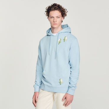 Men Embroidered Lily Of The Valley Hoodie - Sky Blue