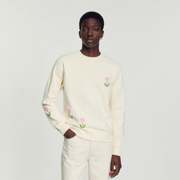 Men Embroidered Tulip Sweatshirt - Ecru