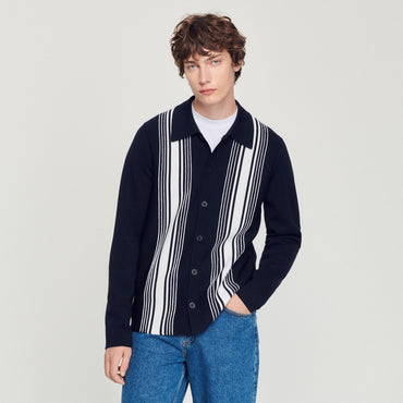 Men Cardigan With Contrasting Embroidery - Navy Blue