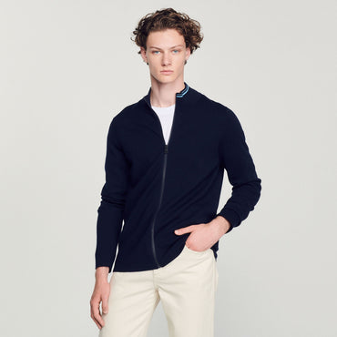 Men Zip-Up Cardigan With A Striped Collar - Navy Blue