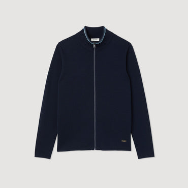 Men Zip-Up Cardigan With A Striped Collar - Navy Blue