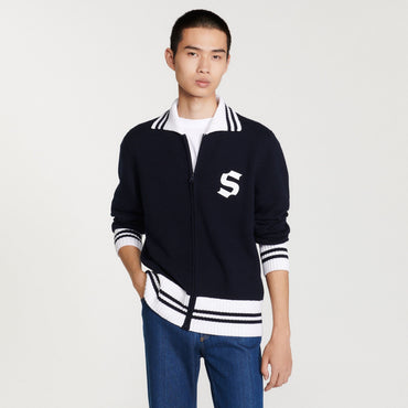 Men Two-Tone Knitted Cardigan - Navy Blue