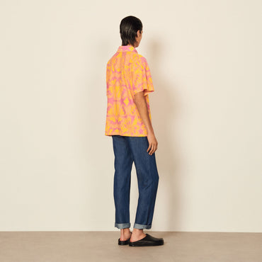 Men Oversized Patterned Polo Shirt - Flowers Orange And Pink