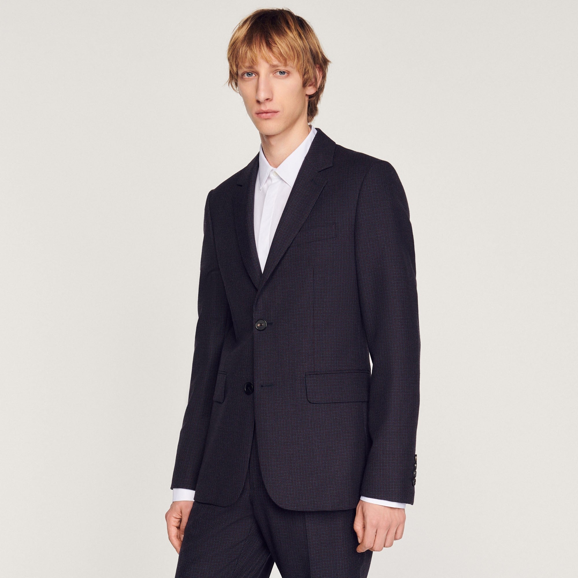 Men Virgin Wool Suit Jacket - Mocked Navy