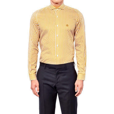 Men Striped Western Collar Shirt With Embroidery - Mustard