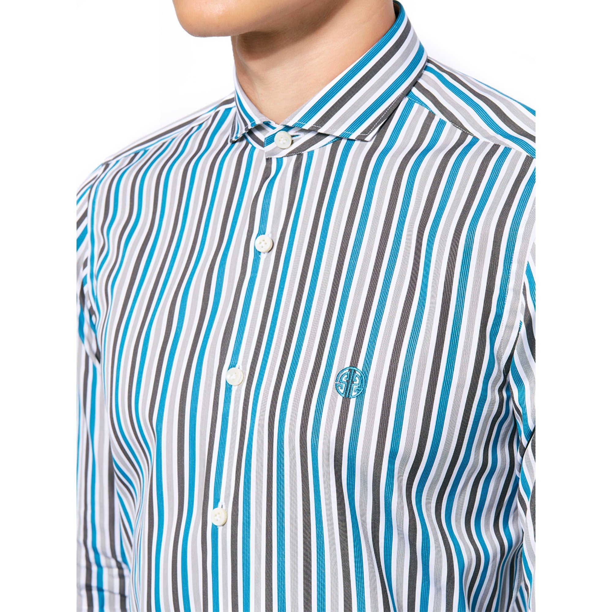 Men Striped Western Collar Shirt With Embroidery - Peacock