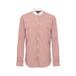 Men Striped Shirt With White Western Collar - Brown