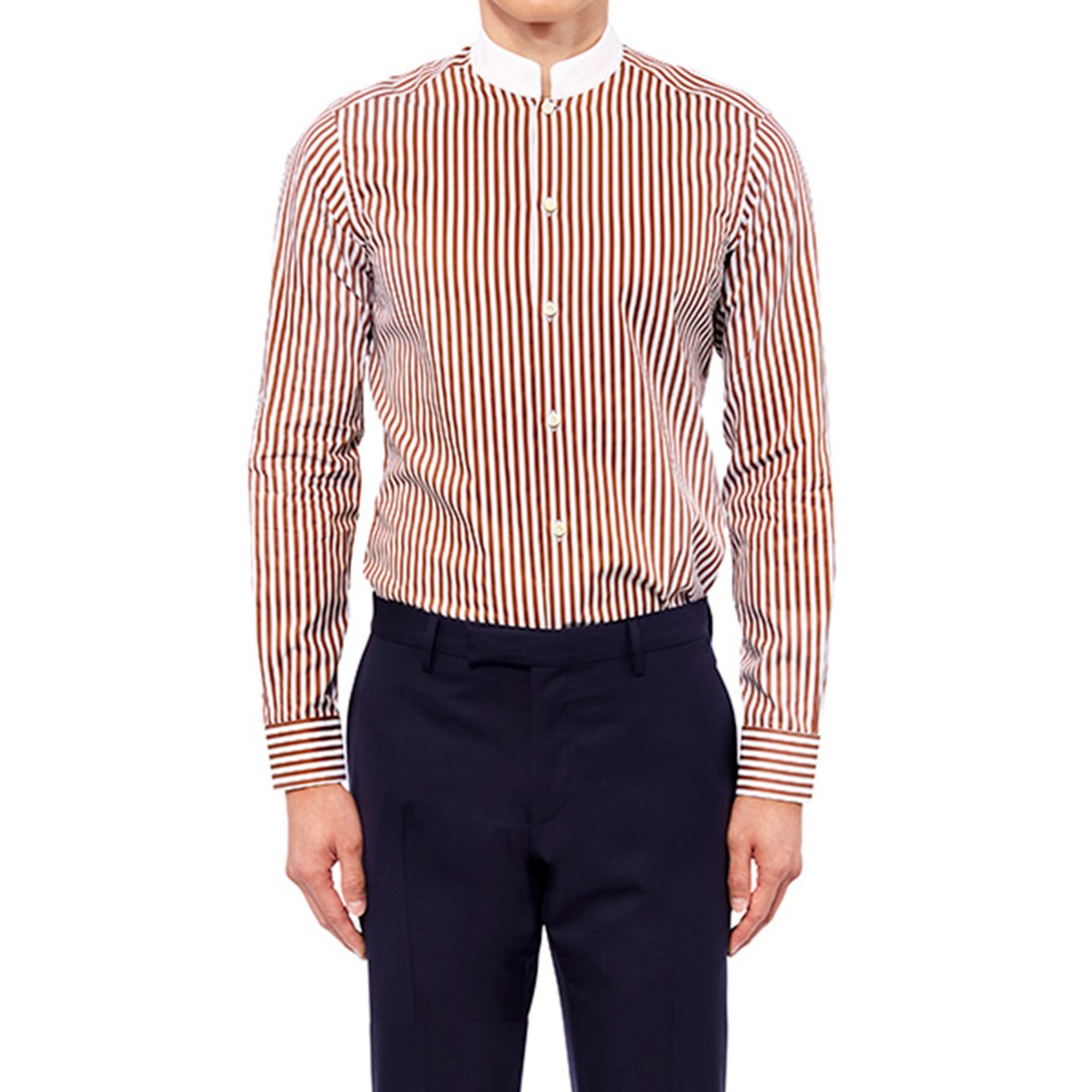 Men Striped Shirt With White Western Collar - Brown