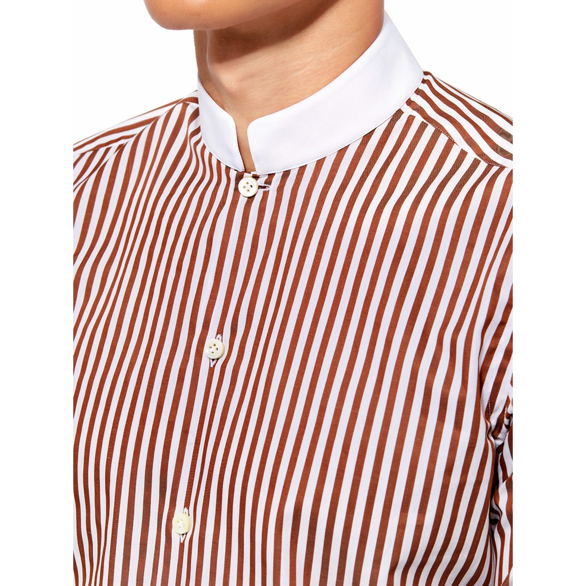 Men Striped Shirt With White Western Collar - Brown