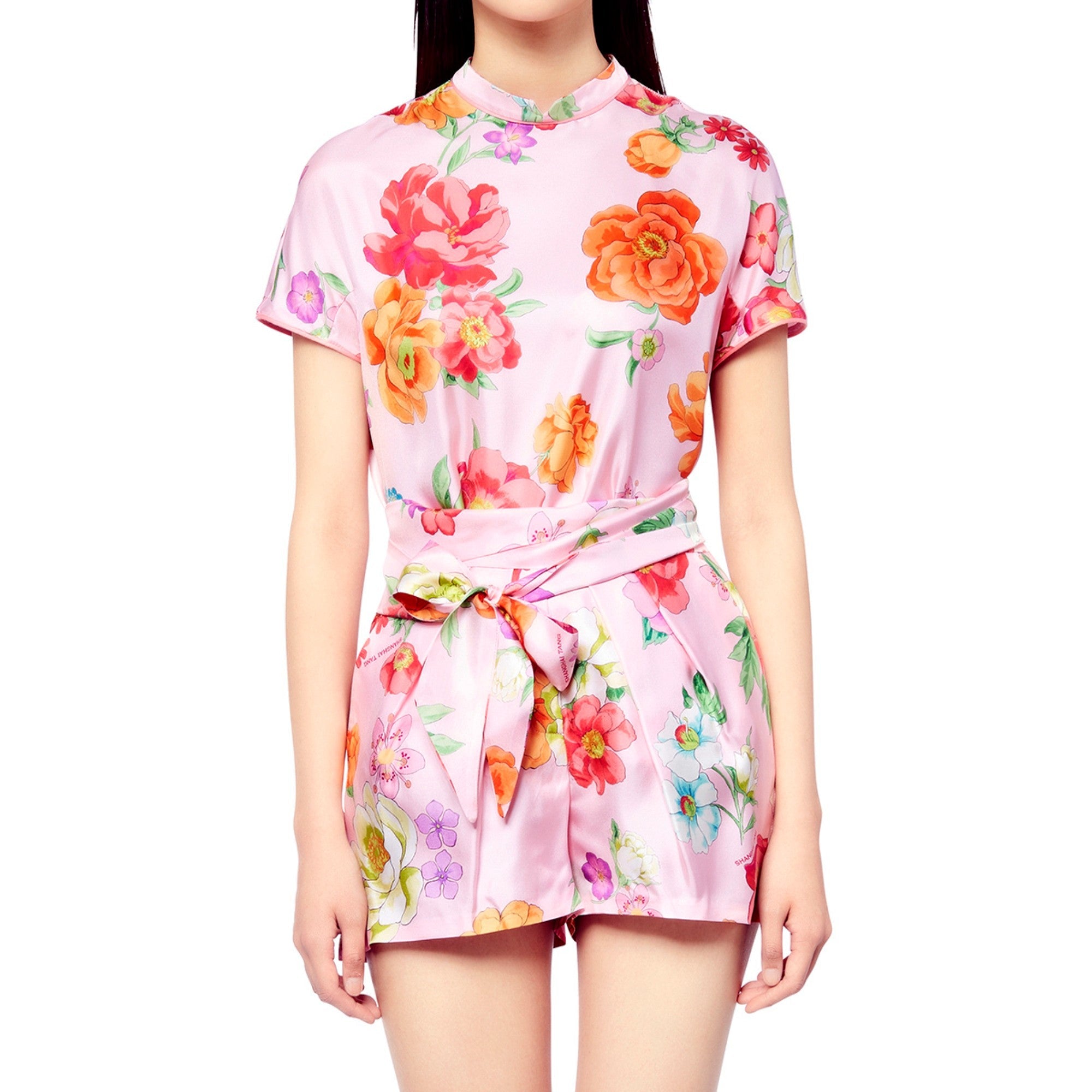 Women Flower Print Silk Shirt - Pink