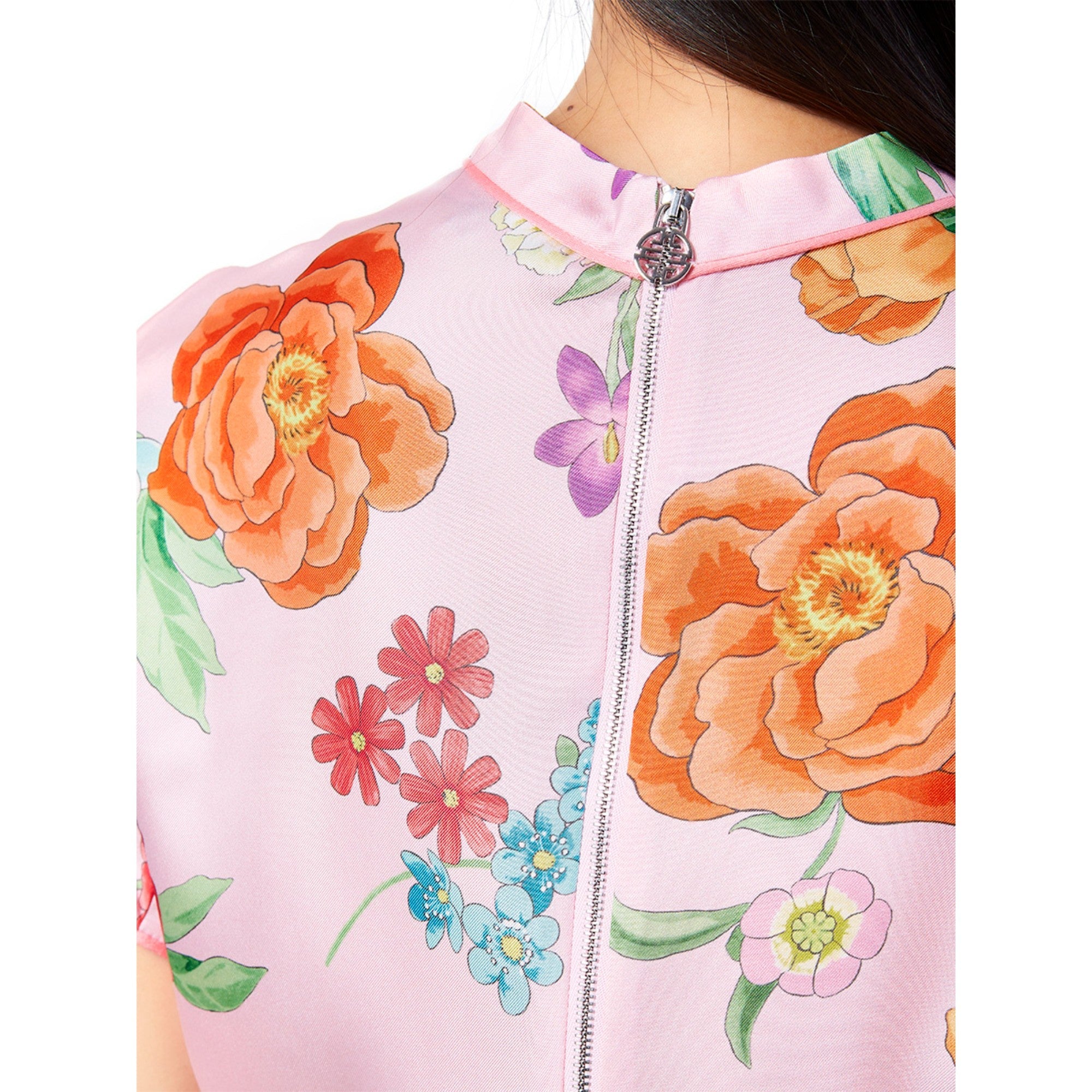 Women Flower Print Silk Shirt - Pink