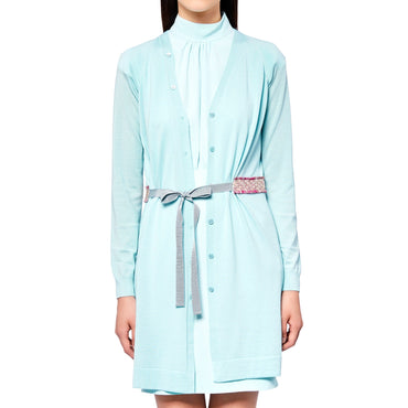 Women Long Cardigan With Belt - Aqua