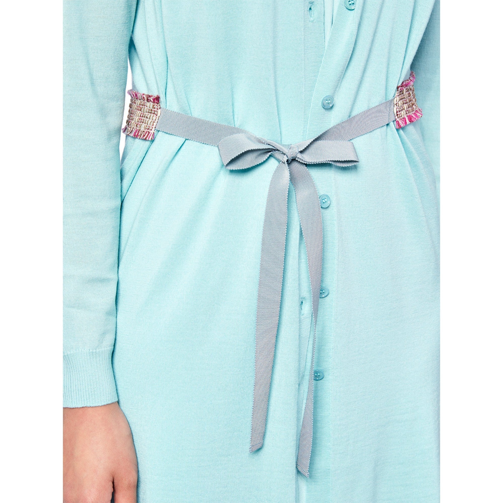 Women Long Cardigan With Belt - Aqua