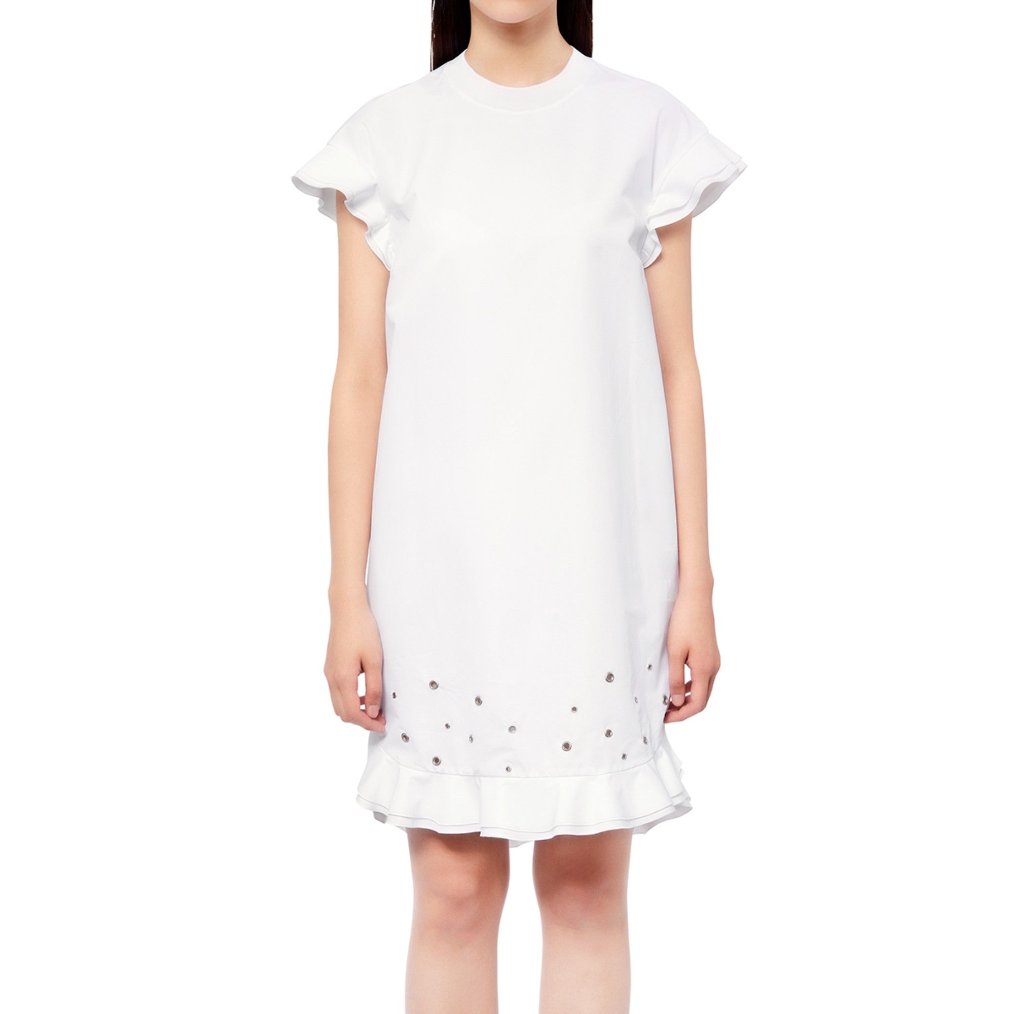 Women Short Ruffles Dress With Eyelets - O.White