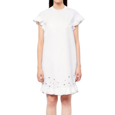 Women Short Ruffles Dress With Eyelets - O.White