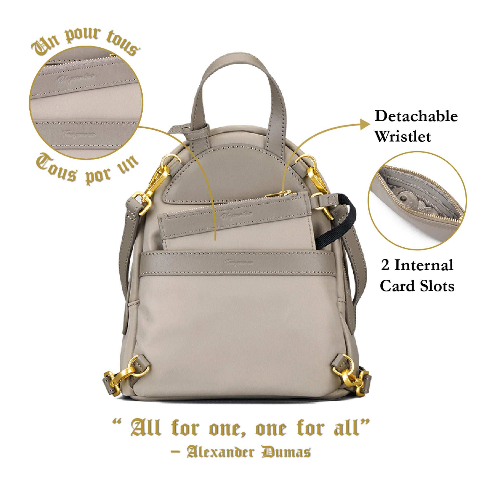 Musketeer Athos Small Crossbody Sling Mini Backpack (Water Resistant Nylon / USA Nappa Leather) - Taupe Grey