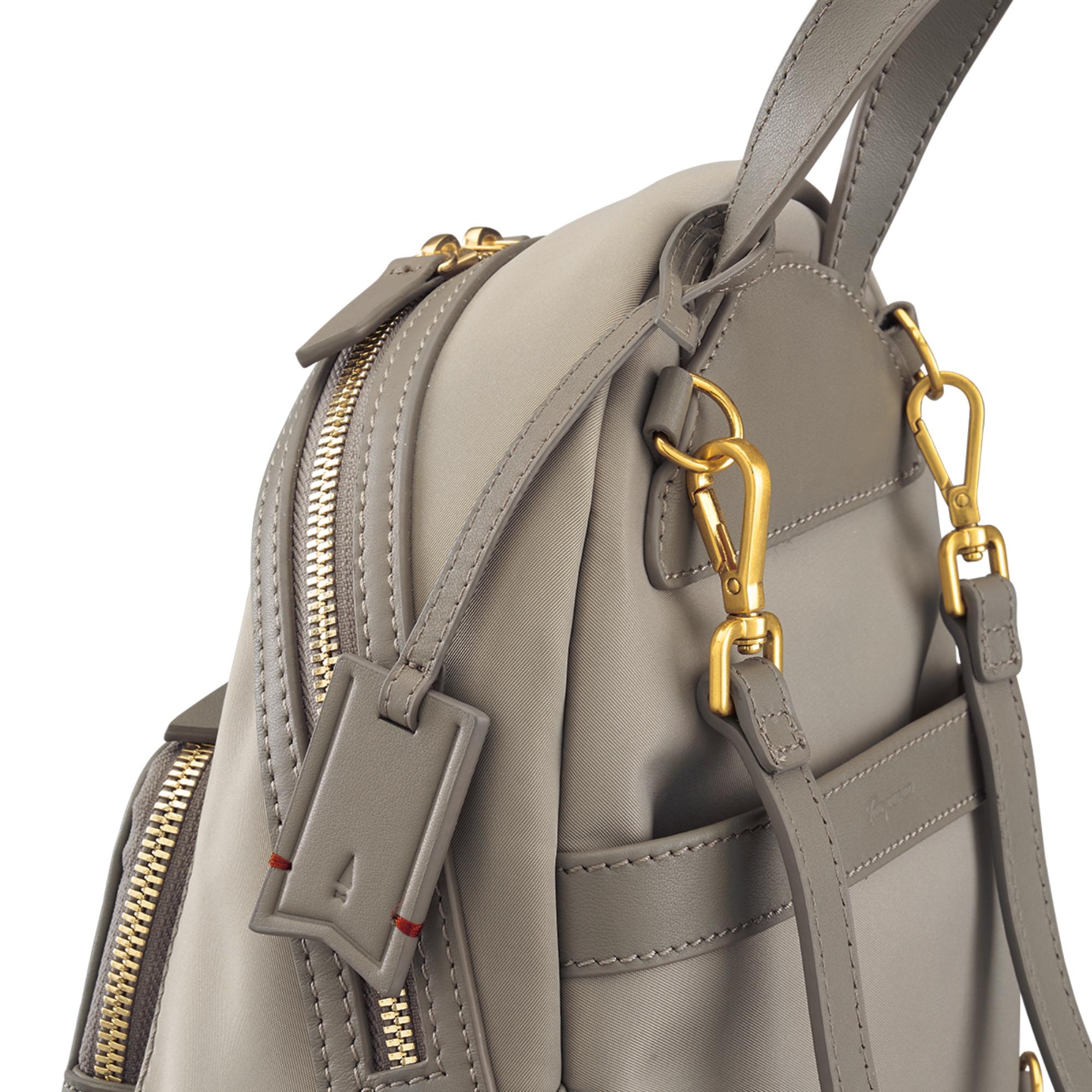 Musketeer Athos Small Crossbody Sling Mini Backpack (Water Resistant Nylon / USA Nappa Leather) - Taupe Grey