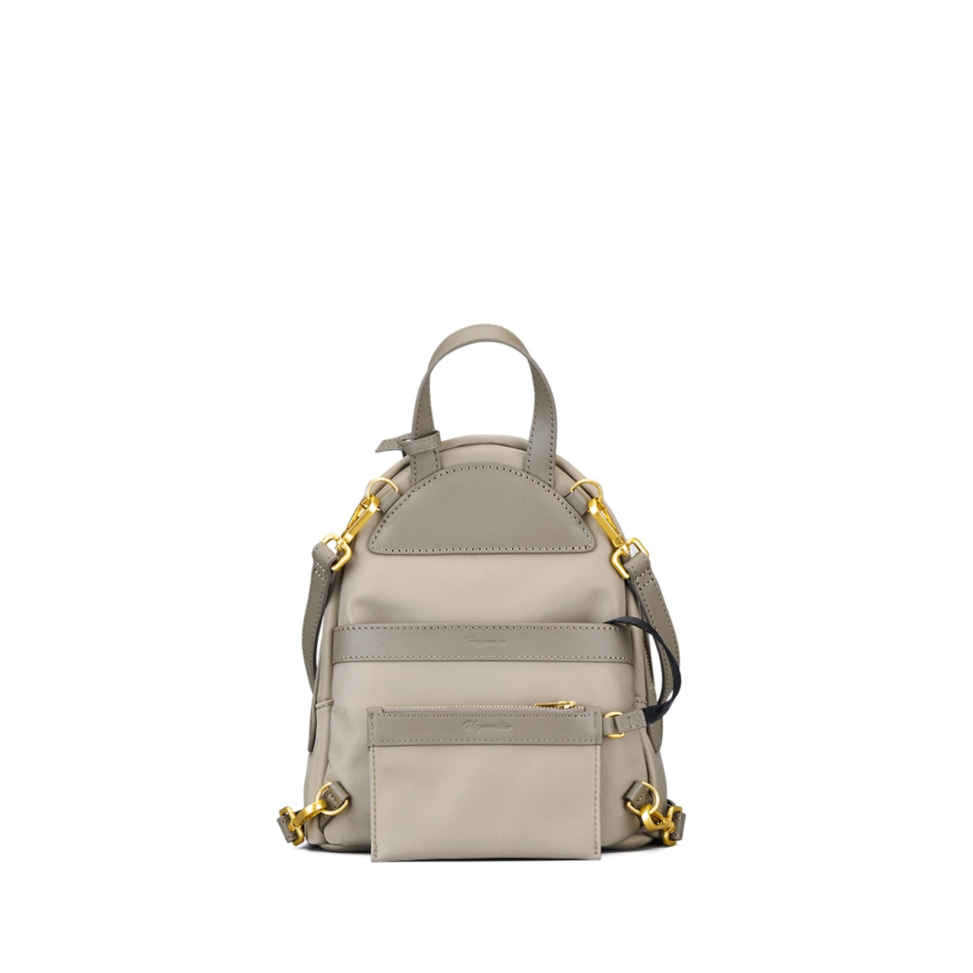 Musketeer Athos Small Crossbody Sling Mini Backpack (Water Resistant Nylon / USA Nappa Leather) - Taupe Grey