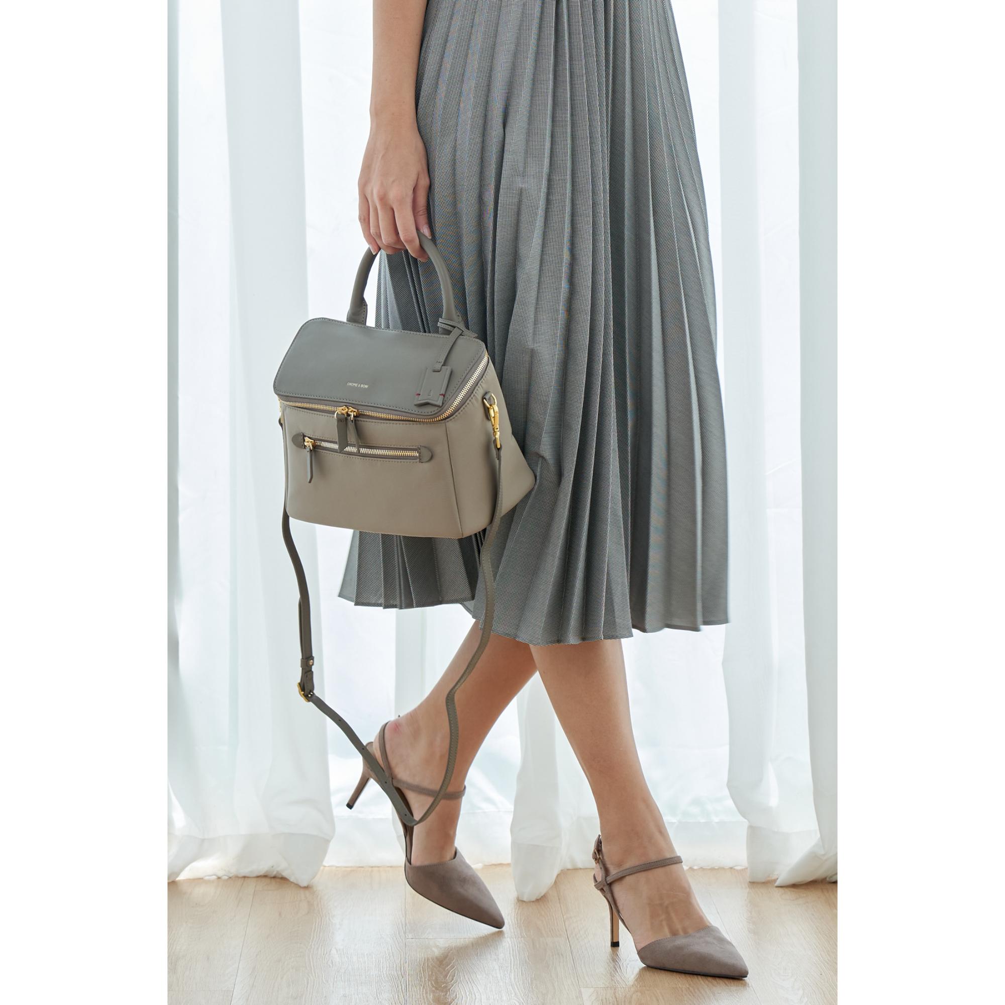 Musketeer Dryna Crossbody Sling Handbag (Water Resistant Nylon / USA Nappa Leather) - Taupe Grey