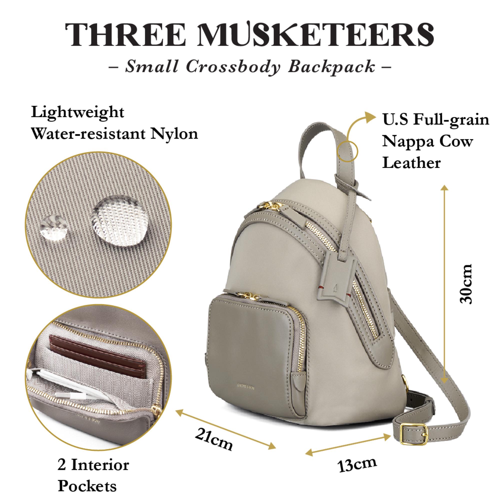 Musketeer Athos Small Crossbody Sling Mini Backpack (Water Resistant Nylon / USA Nappa Leather) - Taupe Grey