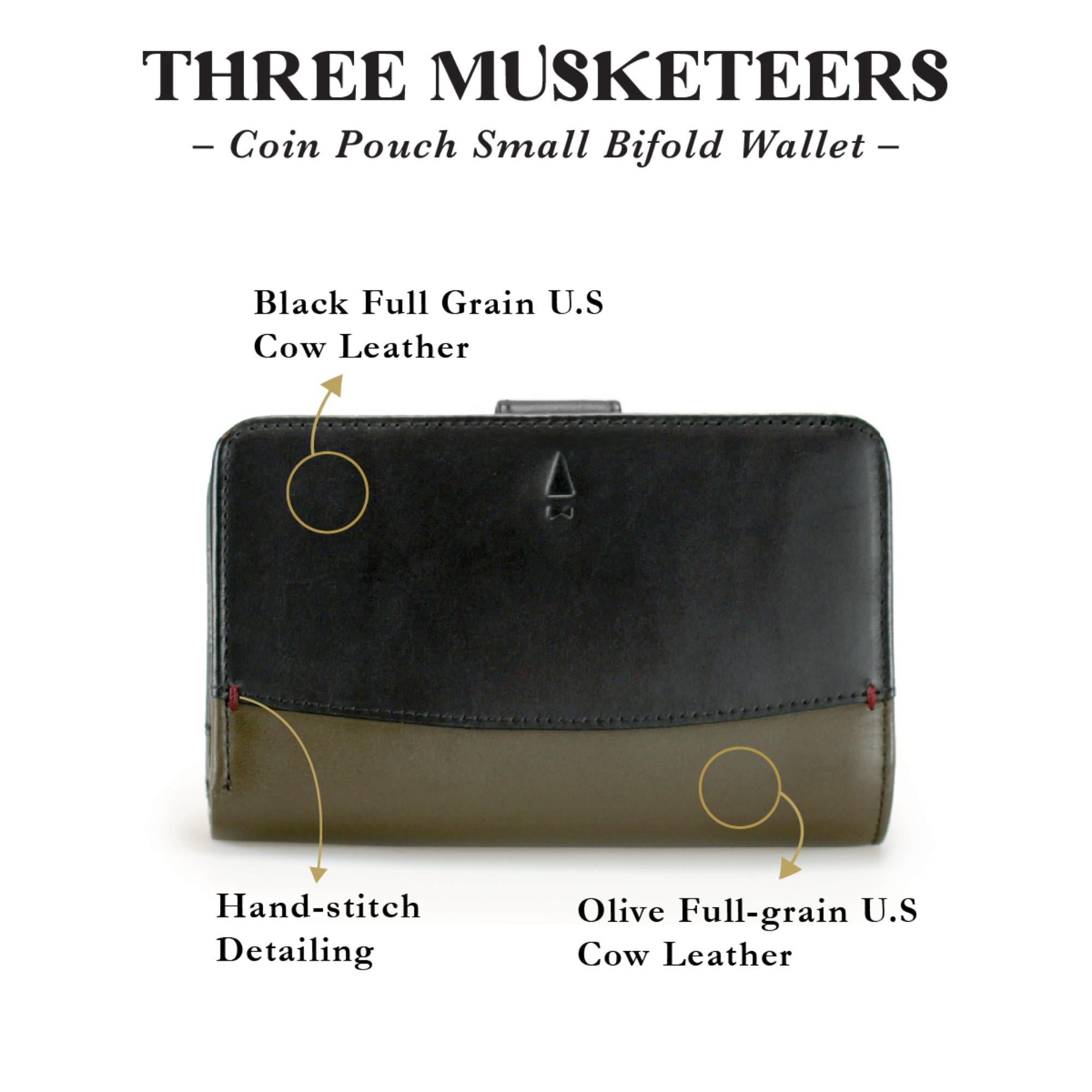 Musketeer Two-Tone Zip Coin Pouch Small Bifold Wallet (USA Leather) - Black